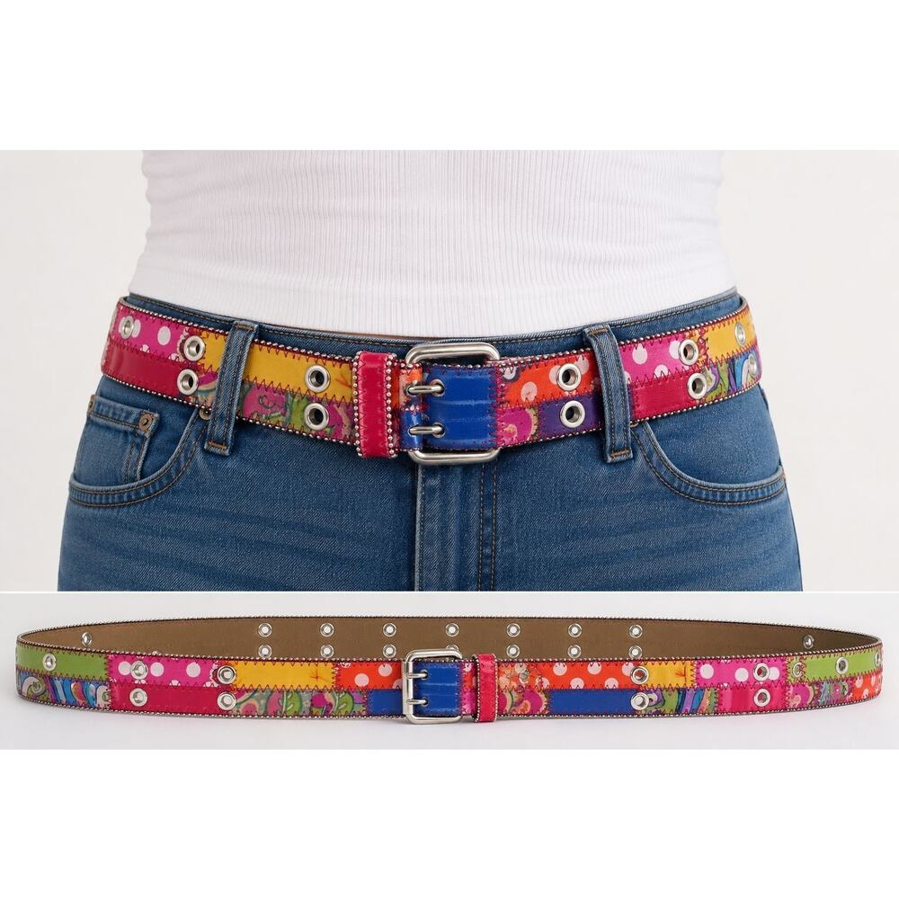 Women’s Patchwork Studded Belt Colorful Polka Dot Double Prong Buckle Size L 40”